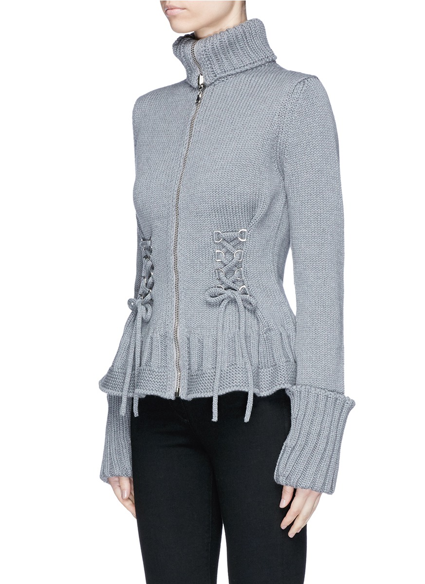 ALEXANDER MCQUEEN Lace-Up Chunky Wool Knit Cardigan in Dark Grey | ModeSens