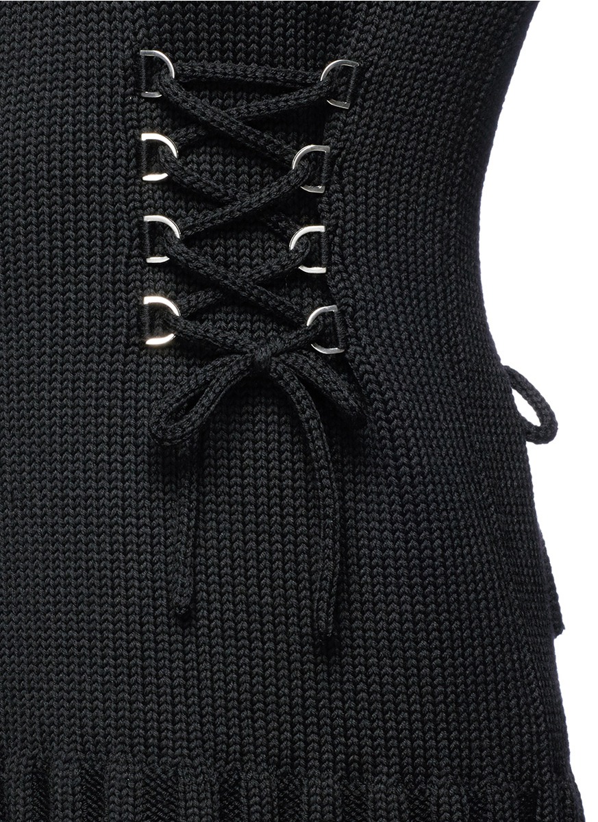 ALEXANDER MCQUEEN Lace-Up Chunky Wool Knit Peplum Dress in Black | ModeSens
