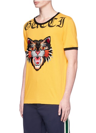 Front View - Click To Enlarge - GUCCI - 'ANGRY CAT' APPLIQUÉ T-SHIRT