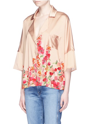Front View - Click To Enlarge - 74016 - Border Floral' print stretch satin oversized pyjama shirt