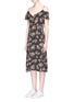 Front View - Click To Enlarge - 74016 - Ruffle ditsy floral print cold shoulder crepe dress