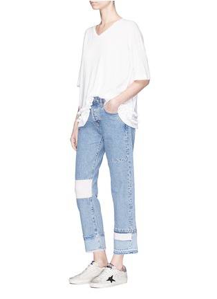 Figure View - Click To Enlarge - CURRENT/ELLIOTT - 'The DIY Original Straight' repair patch cropped jeans