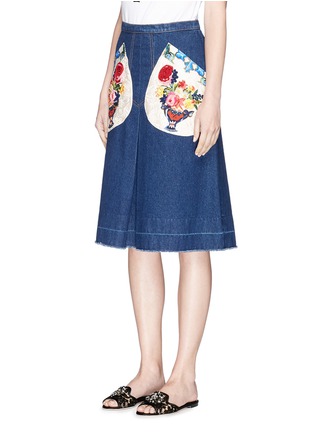 Front View - Click To Enlarge - - - Majolica embellished appliqué denim midi skirt