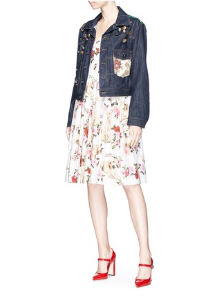 Figure View - Click To Enlarge - - - Mixed button brocade patch cropped denim jacket