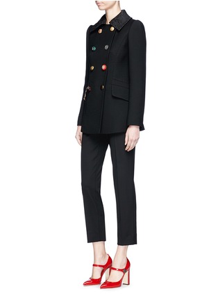 Figure View - Click To Enlarge - - - Jewelled button leopard jacquard collar peacoat