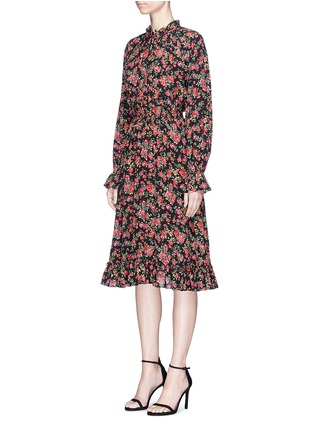 Figure View - Click To Enlarge - - - Floral print smocked silk crepe dress