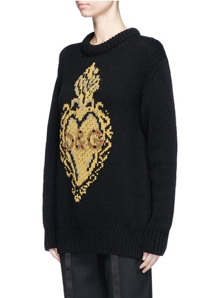 Front View - Click To Enlarge - - - Jewelled logo patch heart intarsia oversized sweater