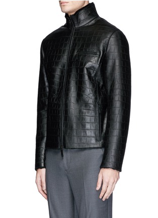 Front View - Click To Enlarge - ARMANI COLLEZIONI - Shearling lining croc-embossed leather jacket