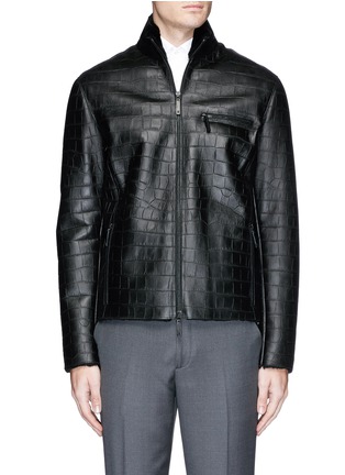 Main View - Click To Enlarge - ARMANI COLLEZIONI - Shearling lining croc-embossed leather jacket