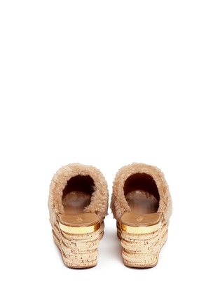 Back View - Click To Enlarge - CHLOÉ - 'Camille' cork wedge shearling slide sandals