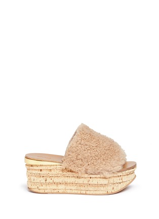 Main View - Click To Enlarge - CHLOÉ - 'Camille' cork wedge shearling slide sandals