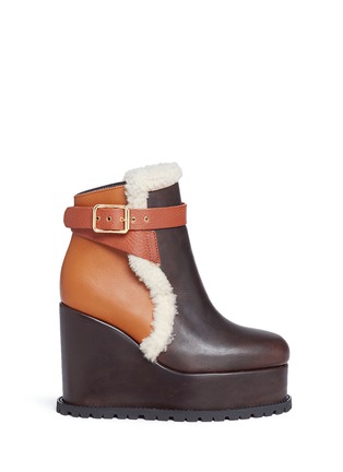 Main View - Click To Enlarge - SACAI - Colourblock leather and shearling wedge platform boots
