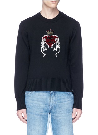 Main View - Click To Enlarge - - - Beaded skeleton heart patch virgin wool sweater