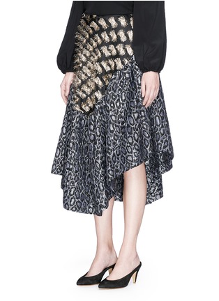 Front View - Click To Enlarge - ANAÏS JOURDEN - Asymmetric confetti fil coupé and leopard jacquard skirt