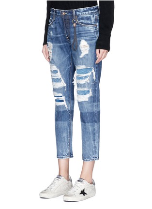 Front View - Click To Enlarge - 72877 - 'Savanna' knit patchwork ripped cropped jeans