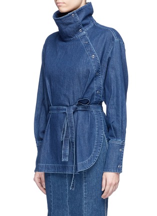 Front View - Click To Enlarge - STELLA MCCARTNEY - Waist sash turtleneck chambray top
