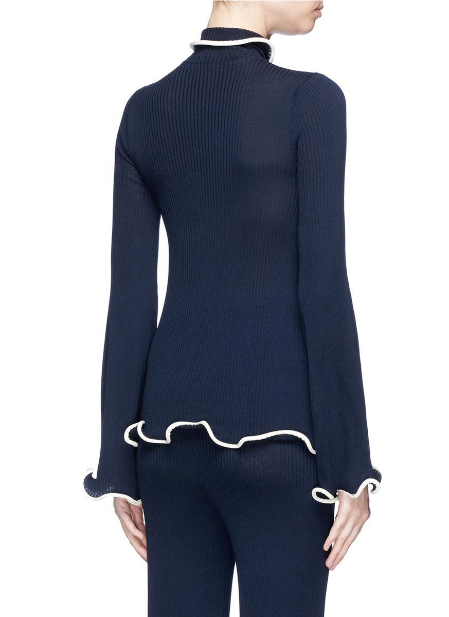 STELLA MCCARTNEY Ruffled Ribbed Wool Turtleneck Sweater in Iek | ModeSens