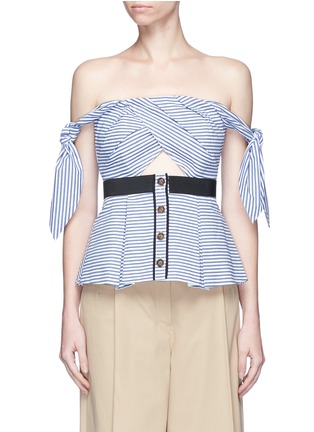 Main View - Click To Enlarge - SELF-PORTRAIT - Knotted strap stripe pleated off-shoulder top