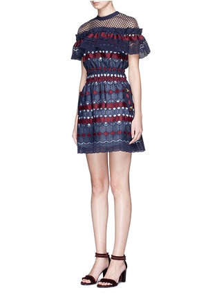 Front View - Click To Enlarge - SELF-PORTRAIT - 'Hudson' mesh yoke frill geometric lace mini dress