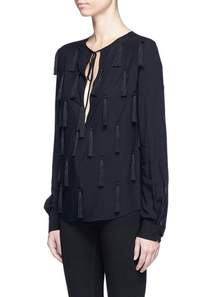 Front View - Click To Enlarge - SAINT LAURENT - Cutout sleeve tassel tie keyhole front blouse