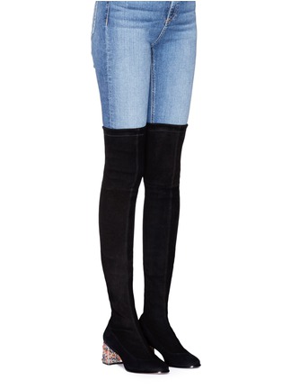 Figure View - Click To Enlarge - SOPHIA WEBSTER - 'Suranne OTK' crystal heel suede thigh high sock boots