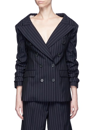 Main View - Click To Enlarge - MONSE - Ruched sleeve stripe wool blazer