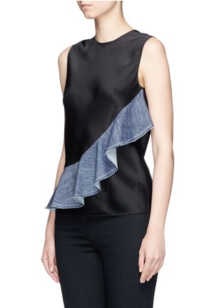 Front View - Click To Enlarge - HELMUT LANG - Denim ruffle satin sleeveless top