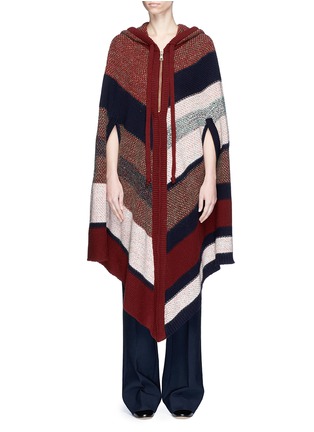 Main View - Click To Enlarge - CHLOÉ - Oversized colourblock stripe tweed knit hooded cape