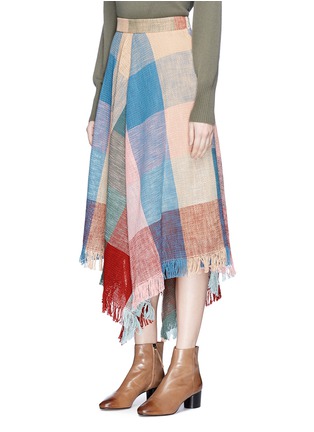 Front View - Click To Enlarge - CHLOÉ - Fringe hem colourblock open weave midi skirt