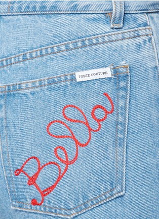 Detail View - Click To Enlarge - FORTE COUTURE - 'Bella' slogan embroidered frayed denim shorts