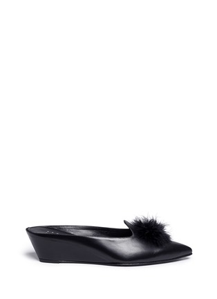Main View - Click To Enlarge - TRADEMARK - 'Castainge' feather pompom leather wedge mules