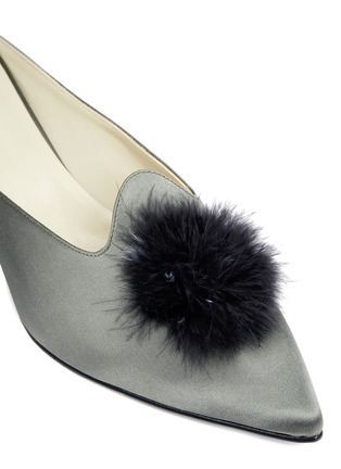 Detail View - Click To Enlarge - TRADEMARK - 'Castainge' feather pompom satin wedge mules