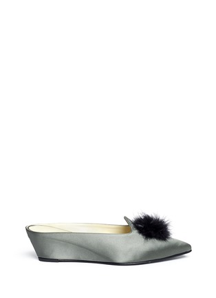 Main View - Click To Enlarge - TRADEMARK - 'Castainge' feather pompom satin wedge mules