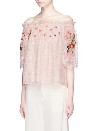 Front View - Click To Enlarge - 68244 - 'Leo' off-shoulder embroidered floral lace top