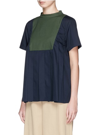 Front View - Click To Enlarge - SACAI - Piqué bib pleated shirting fabric top