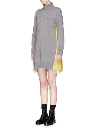 Front View - Click To Enlarge - SACAI - Lace underlay colourblock turtleneck sweatshirt dress