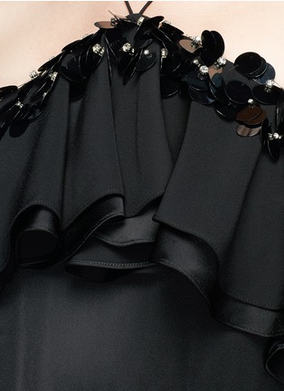 Detail View - Click To Enlarge - EMILIO PUCCI - Embellished ruffle off-shoulder belted satin jumpsuit