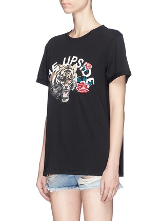 Front View - Click To Enlarge - THE UPSIDE - Rose embroidered tiger print T-shirt