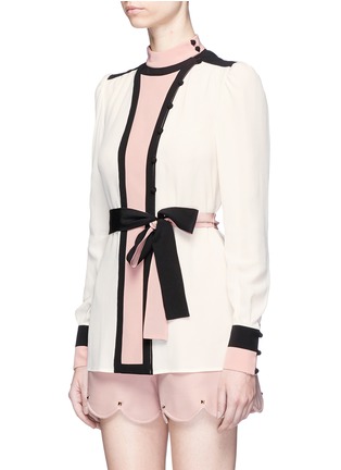 Front View - Click To Enlarge - VALENTINO GARAVANI - Colourblock belted high collar crepe blouse