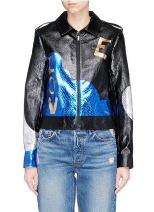 Main View - Click To Enlarge - SAINT LAURENT - Love python patch calfskin leather oversized teddy jacket