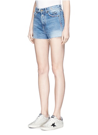 Front View - Click To Enlarge - SAINT LAURENT - Logo embroidered ripped denim shorts