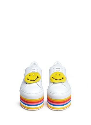 Front View - Click To Enlarge - JOSHUA SANDERS - Smiley® fur patch stripe flatform leather sneakers