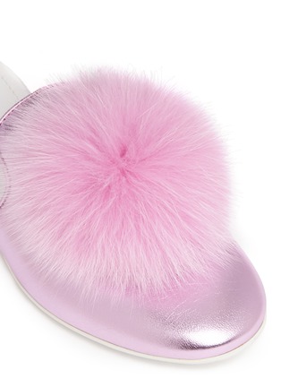 Detail View - Click To Enlarge - JOSHUA SANDERS - Fox fur pompom metallic leather slippers
