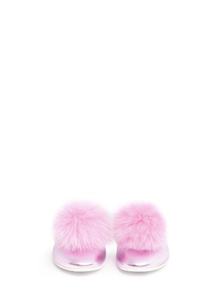 Front View - Click To Enlarge - JOSHUA SANDERS - Fox fur pompom metallic leather slippers