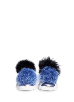 Front View - Click To Enlarge - JOSHUA SANDERS - Fox fur pompom colourblock leather skate slip-ons