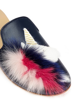Detail View - Click To Enlarge - JOSHUA SANDERS - Fur unicorn appliqué leather slippers