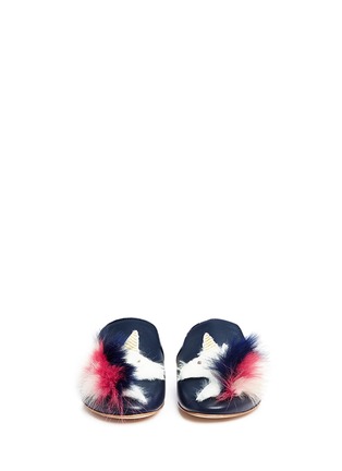 Front View - Click To Enlarge - JOSHUA SANDERS - Fur unicorn appliqué leather slippers