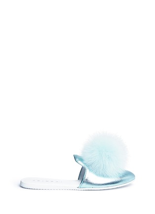 Main View - Click To Enlarge - JOSHUA SANDERS - Fox fur pompom metallic leather slippers