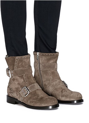 Figure View - Click To Enlarge - JIMMY CHOO - 'Blyss' studded buckled suede mid calf boots