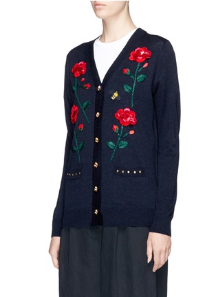 Front View - Click To Enlarge - MUVEIL - Rose and bee paillette embellished cardigan